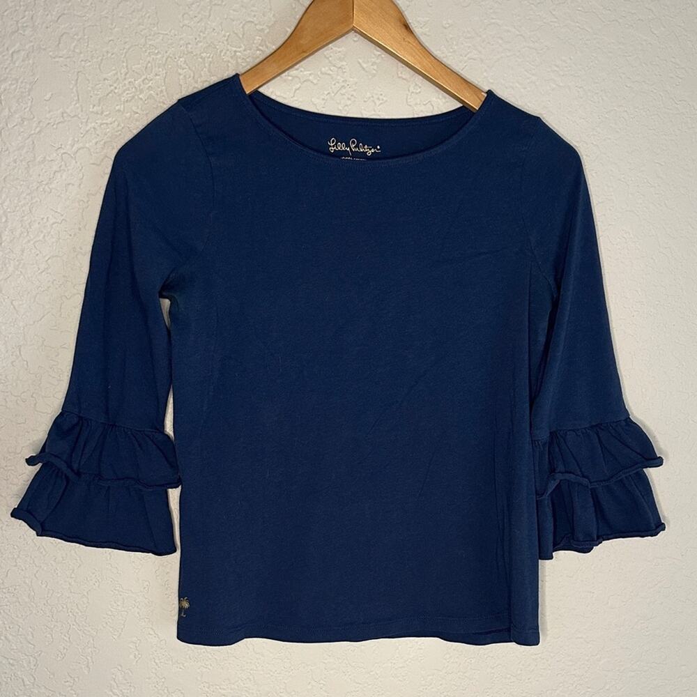 Lilly Pulitzer Ruffle Mazie Top Navy Blue Girls XL 12-14 Cotton Preppy Casual